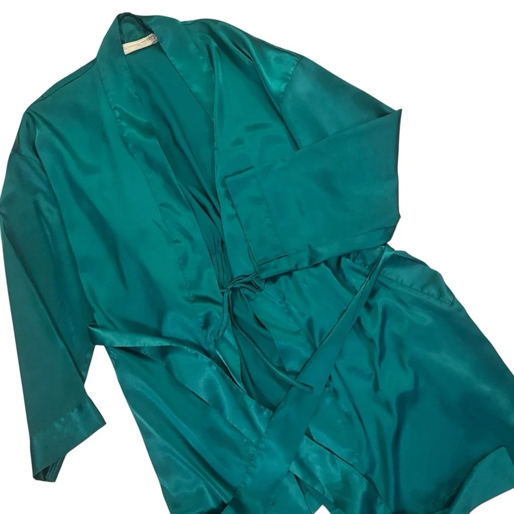 Vintage Victoria's Secret Gold Label Teal Jewel Green Satin Floral Robe Size O/S